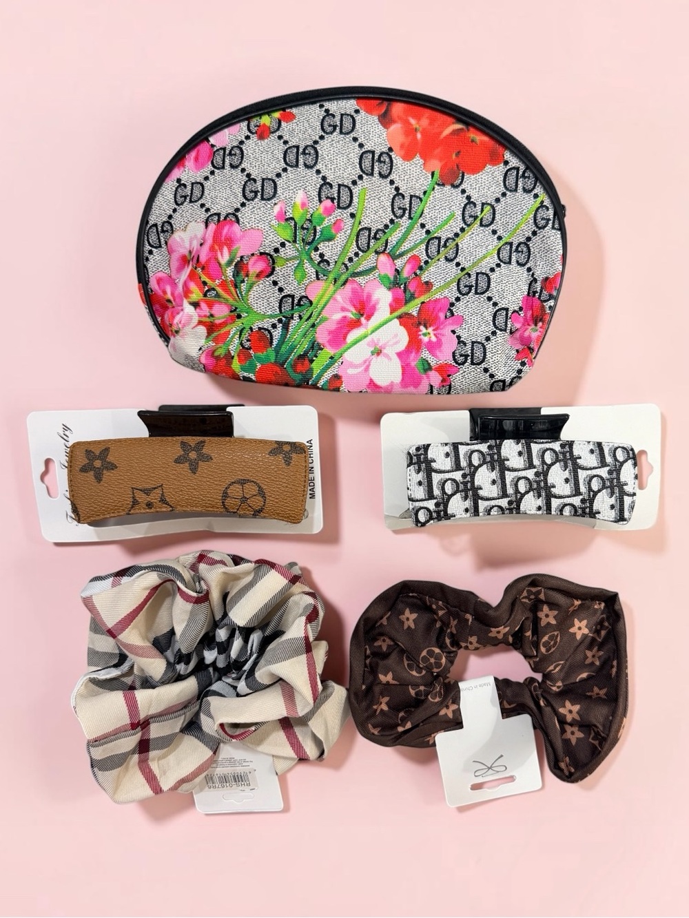 6 Pc Luxury Inspired Hair Accessories Bundle Clips Scrunchies + Cosmetic Bag